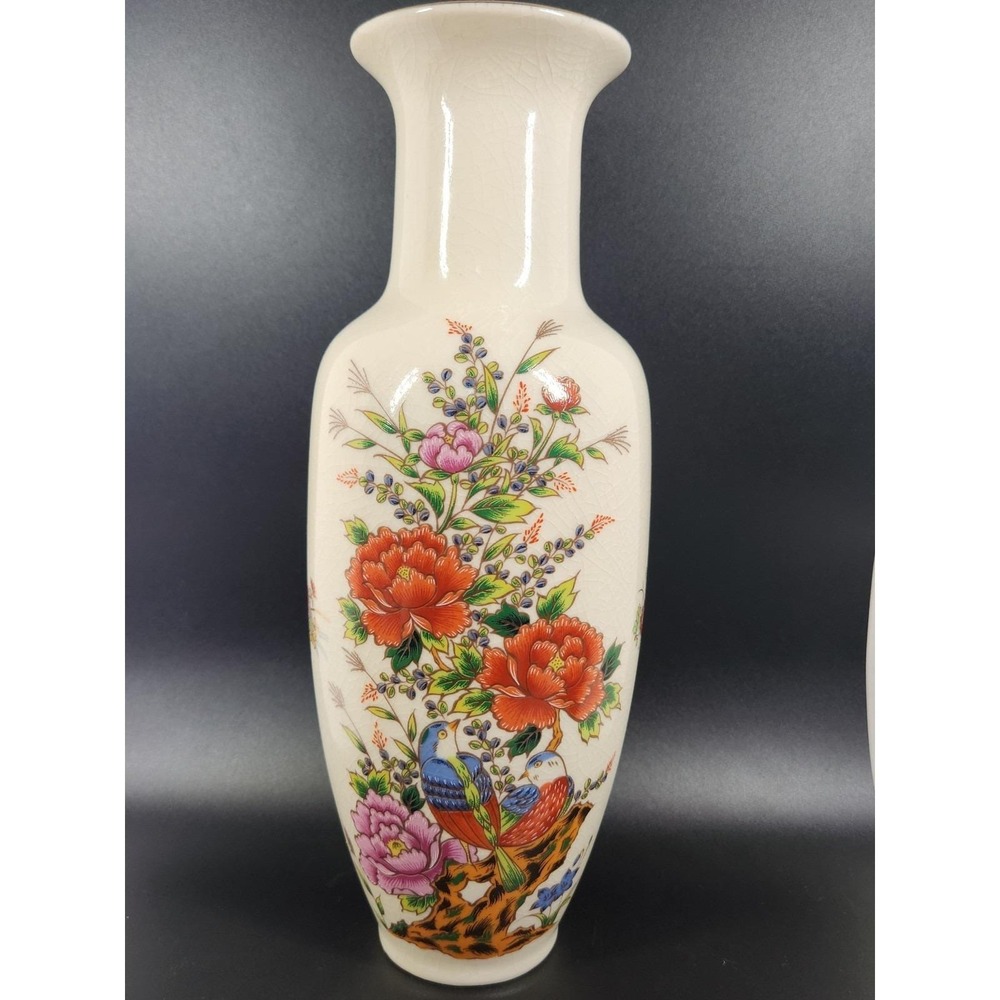 Vintage Japanese Bijutsu Toxi Tall Vase, Floral Birds Gold Rim MARKED Japan MCM